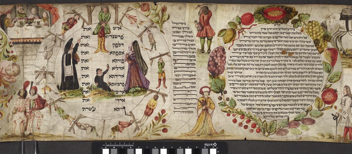 Detailed section 4 — Esther 8:9–9:10 · Haman’s-sons display, Manchester Hebrew MS 44 (Illustrated Esther Scroll)