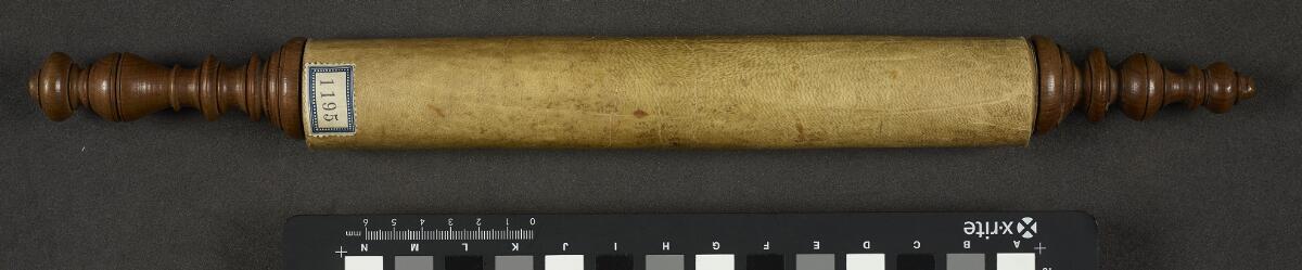 Rolled scroll — shelf label 1195, Manchester Hebrew MS 37 (Griselini Esther Scroll)